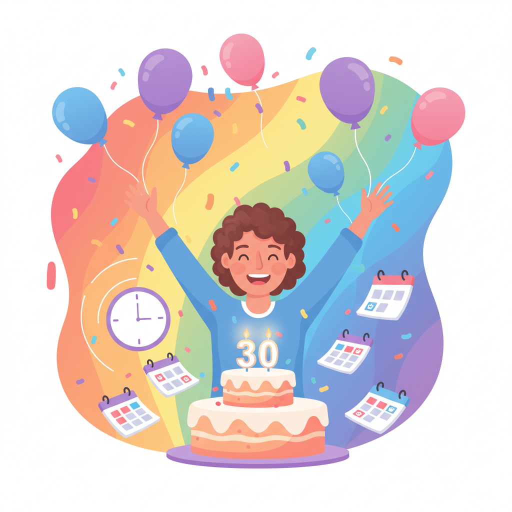 calculate age from date of birth celebration illustration with birthday cake and balloons