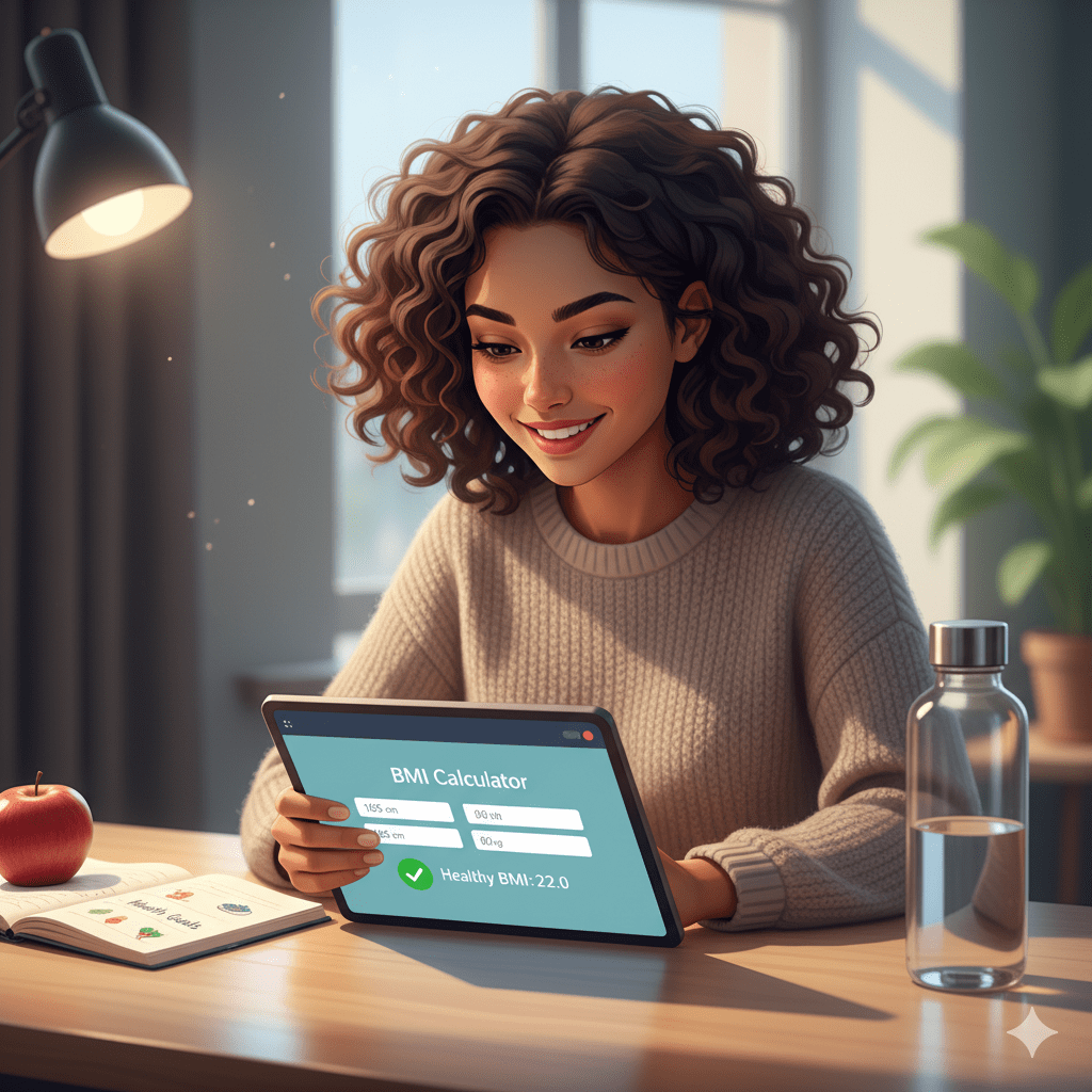 woman using BMI calculator online free tool on laptop checking healthy weight status